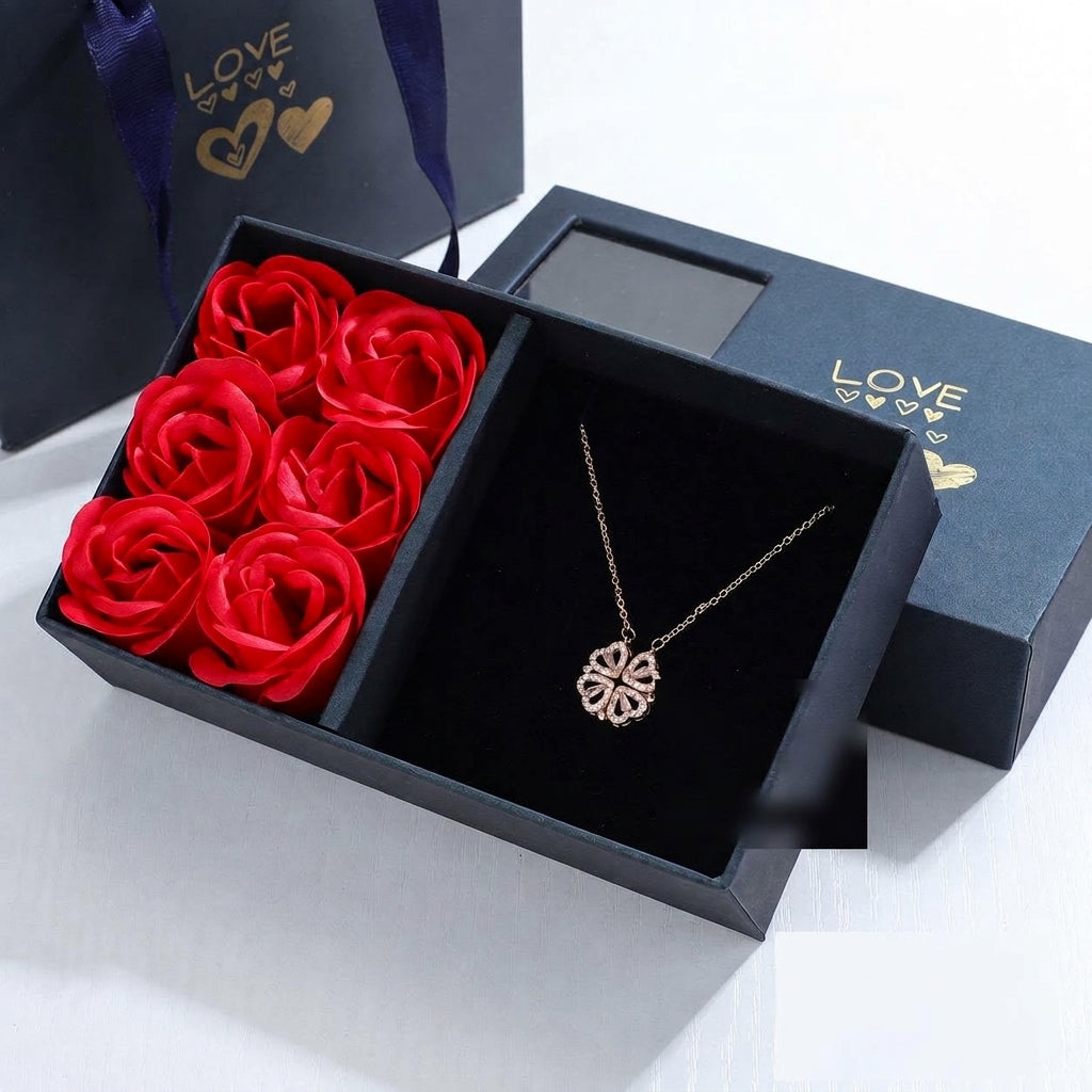 Colar da Sorte no Amor rosé com caixa de 6 rosas