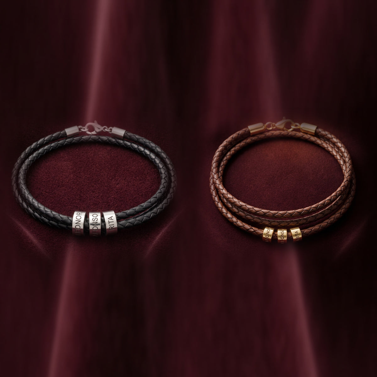 Pulseira Cordão da Família nas cores preto e prateado e castanho e dourado