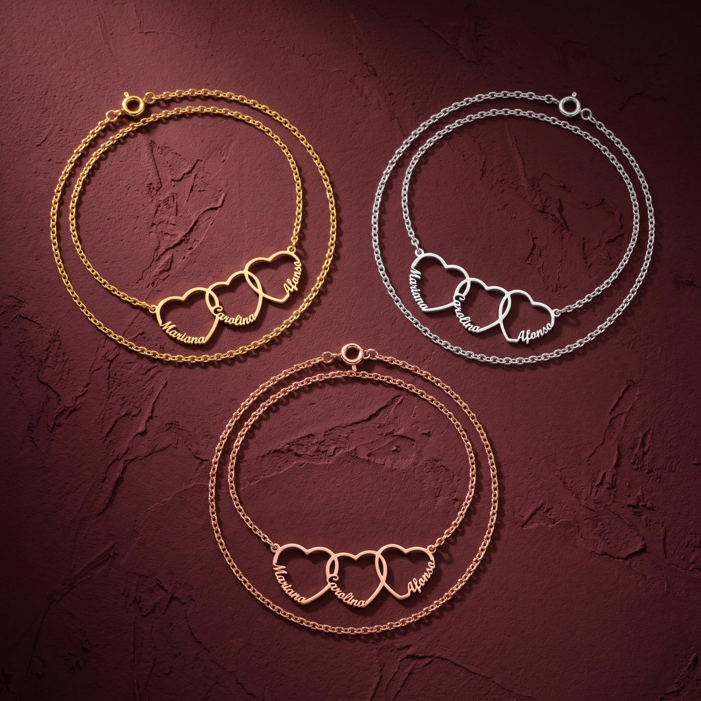 Colar de corações nas três cores: dourado, prateado e rosé
