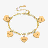 Pulseira Um Coração por Nome em dourado com cinco corações gravados