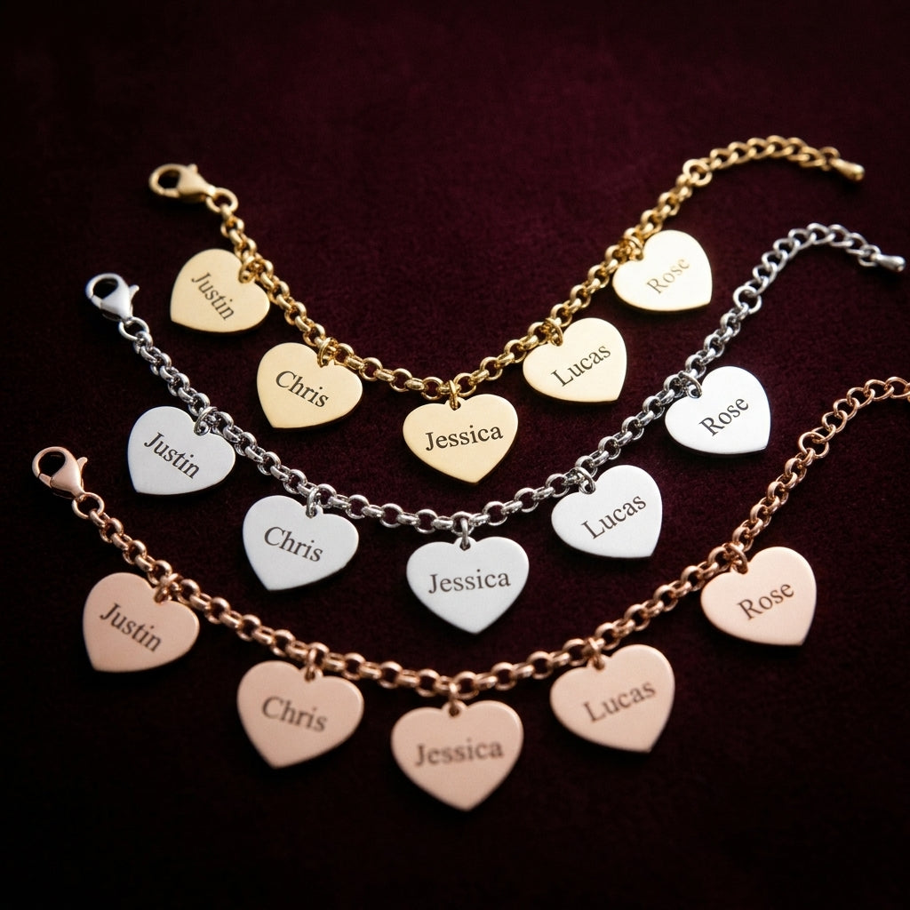 Pulseira Um Coração por Nome em dourado, prateado e rosé