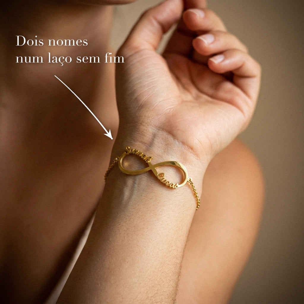 Pulseira Infinito com Nomes no pulso. Dois nomes num laço sem fim