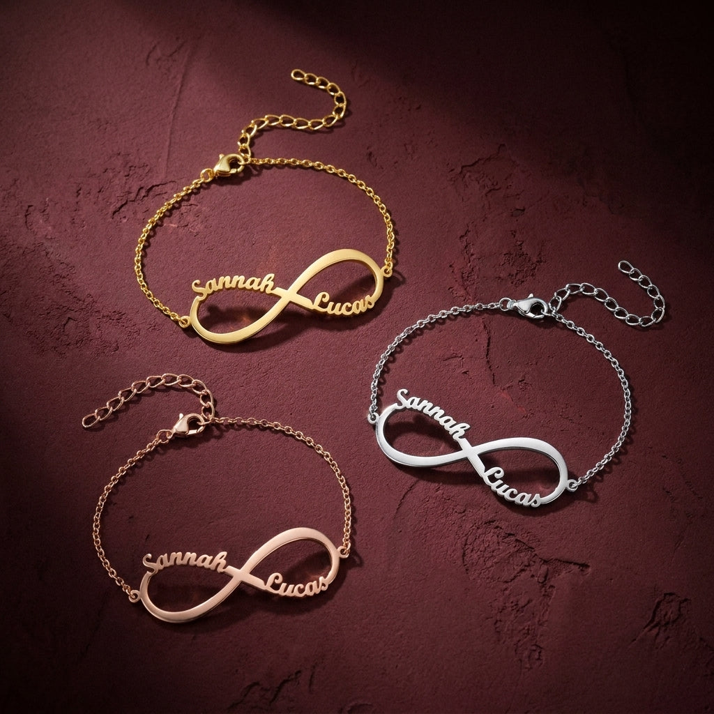 Pulseira Infinito com Nomes em dourado, prateado e rosé