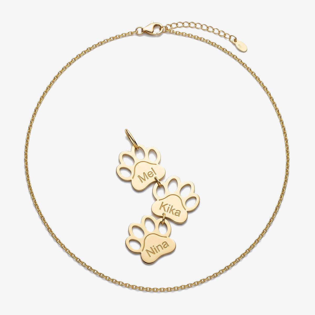 Colar de patinhas em ouro com nomes gravados, fundo cinzento