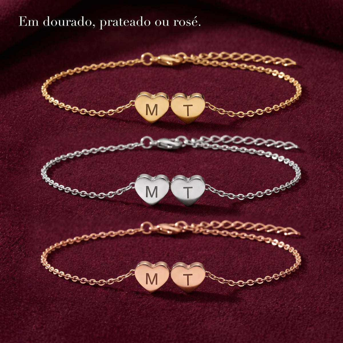 Pulseira de corações em dourado, prateado e rosé